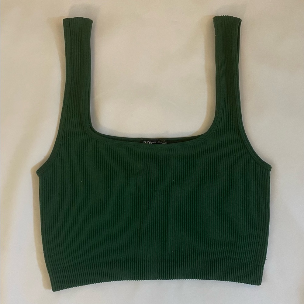 Zara Ribbed Green Cropped Tank Square Neck Sleeveless Size M-L